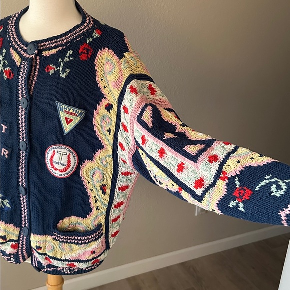 90s Together! Sweater Blue Yellow Knit Embroidered Button Up Cardigan - Picture 4 of 14